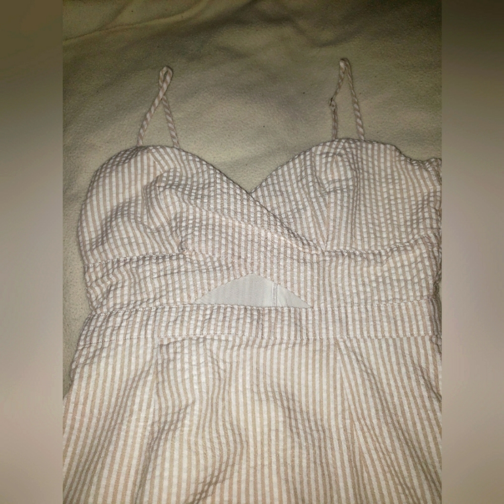 White tan stripe key hole spaghetti strap mini dress